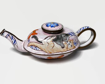 Miniature Enameled Teapot- Kelvin Chen Cats and Dogs