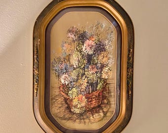 Antique Original Painting in Floral Decorated Oval Frame