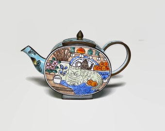 Miniature Kitty Cat Enameled Teapot - Collectible Kitchen Decor