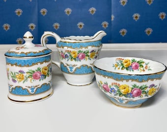 Crown Staffordshire Lyric Tunis Blue Set, Mustard - Honey Pot, Sugar & Creamer Fine Bone China