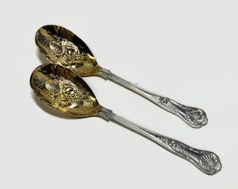 Sheffield Berry Spoons, Kings Pattern Silver Plate & Gold Washed Serving Spoons