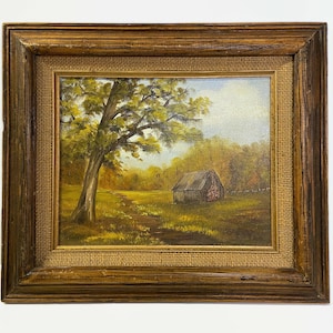 Vintage Painting, Mid Century Painting, Landscape Painting, Barn or Cabin Painting, Fall Landscape, Framed painting Bild 1