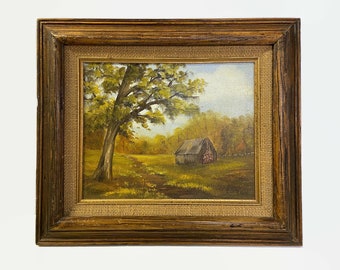 Vintage Painting, Mid Century Painting, Landscape Painting, Barn or Cabin Painting, Fall Landscape, Framed painting