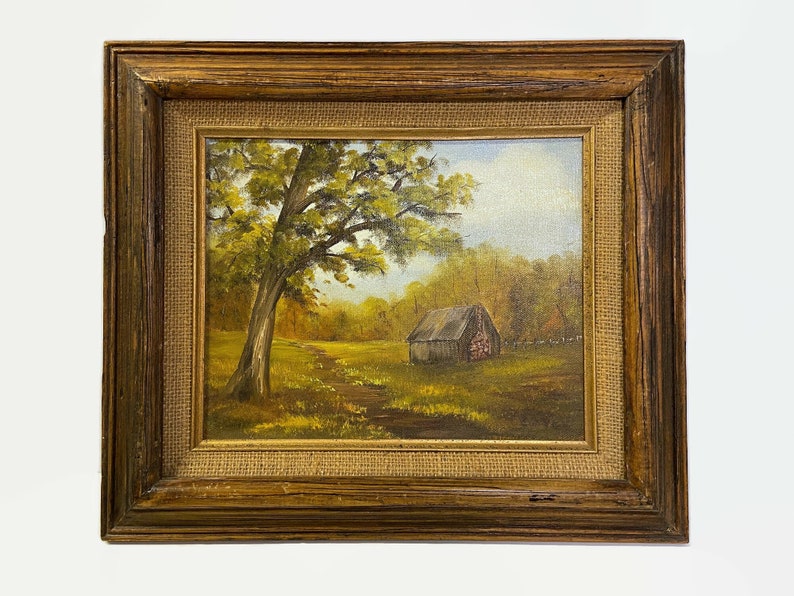 Vintage Painting, Mid Century Painting, Landscape Painting, Barn or Cabin Painting, Fall Landscape, Framed painting Bild 1