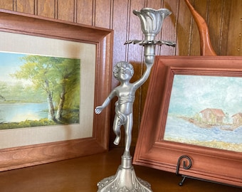 Italian Cherub Candlestick Holder, Ornate Silver Pewter Metal Angel Taper Candle Holder