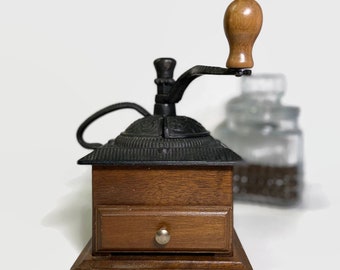 Vintage Coffee Mill, Black Cast Iron and Wood