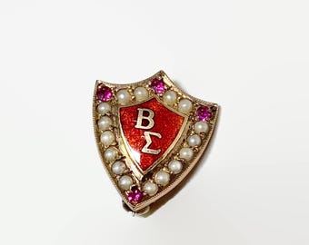 Vintage 10K Gold Sorority Fraternity Pin Beta Sigma Epsilon with Seed Pearls and Rubies