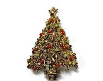 Christmas Tree Brooch Enamel Painted Ornaments on Gold Tree