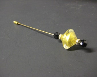 Vintage Hat Stick Pin, Long Hat Pin, Large Gold Glass Bead