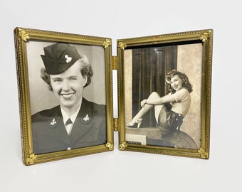 Gold Brass Double Bi-Fold Photo Frame 3 1/4 x 4 1/4