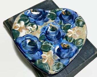 Lesal Ceramics Trinket Dish, Van Nortwick, Hand Painted Blue Rosettes on Heart Dish