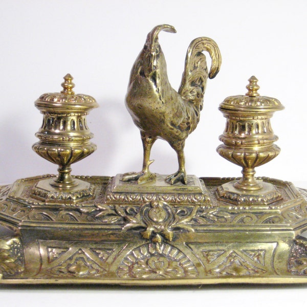 RARE Antique French Inkwell / Ornate Brass Rooster Figurine Two Pedestal Covered Wells