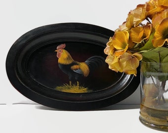 Black Wood Tray, Hand Painted Rooster, Folk Artwork, Country Home Decor, Cottage Kitchen