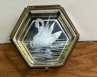 Vintage Trinket Box - Brass and Glass Display Box with Etched Swan Mirrored Base