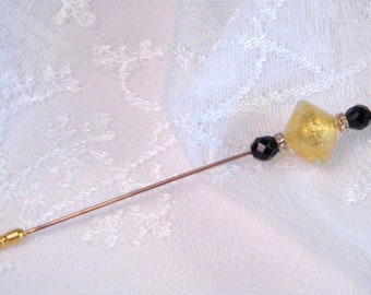 Hat Pin, Gold & Jet Black Beaded Long Stick Pin, Vintage Hatpin