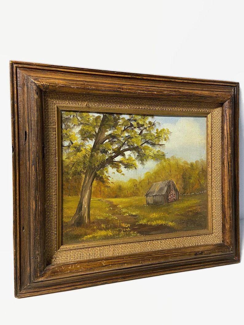 Vintage Painting, Mid Century Painting, Landscape Painting, Barn or Cabin Painting, Fall Landscape, Framed painting Bild 7