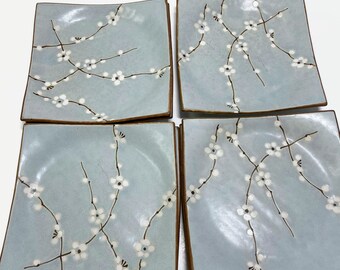 Blue Cherry Blossom Side Plates by Kufah, Japanese 6” Square Plates