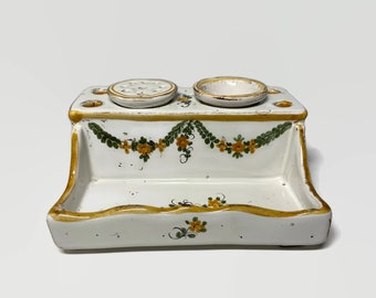 French Moustiers Faience Tin Glazed Inkwell- 19th Century Ceramic Inkwell/Inkstand