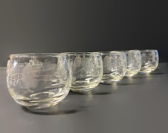 Vintage 1966 Set Of 6 Princess House Roly Poly 5 Oz Cocktail Etched Glasses - Princess House Glassware - Mid Century Modern Cordial Glasses