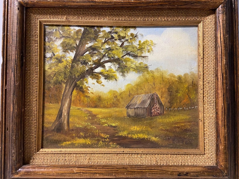 Vintage Painting, Mid Century Painting, Landscape Painting, Barn or Cabin Painting, Fall Landscape, Framed painting Bild 3