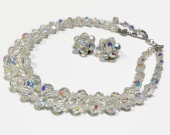 Clear Cut Crystal Faceted Beaded Necklace with Earrings, 17” Aurora Borealis Sparkling Double Strand Necklace