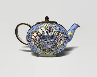 Miniature Enameled Teapot - Kitty Cat in Flowers