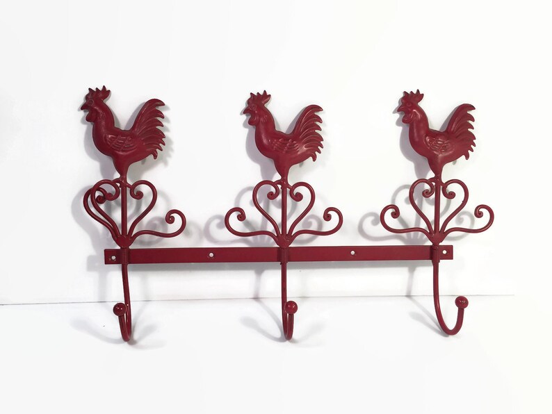 Red Metal Rooster Wall Hanging Kitchen Home Decor Towel Hanger French Country