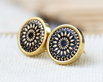 Orecchini a bottone in oro e nero - Mandala Bohemian - acciaio inossidabile