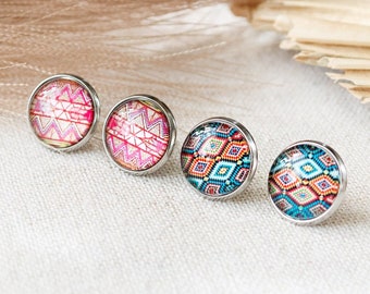 Cabochon glass earrings - ethnic - boho - Navajo - folk