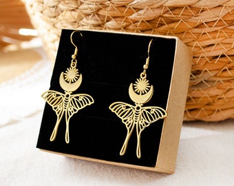 Butterfly Earrings - Moth - Stainless Steel - Moon - Long Earrings