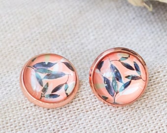 Copper Glass Stud Earrings - Leaves Design