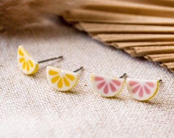 Lemon / Grapefruit Stud Earrings - Fruit Slices Porcelain Stainless Steel - Ceramic