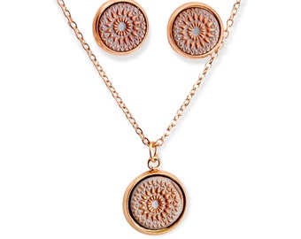 SET Necklace and Earrings - Mandala Bohemian Earrings Pink Gold Grey Stainless Steel