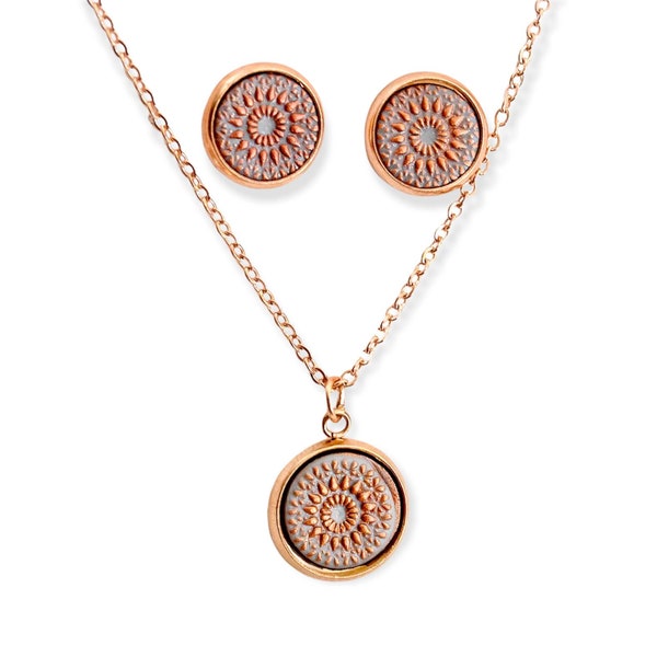 SET Necklace and Earrings - Mandala Bohemian Earrings Pink Gold Grey Stainless Steel