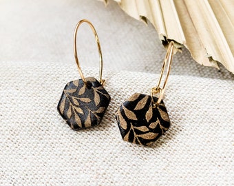 Hexagon Polymer Clay Earrings - Patterned Pendants - Gold Lightweight Earrings - Hoops