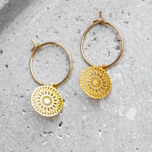 Filigree hoop earrings with mandala pendants - silver / gold - light earrings - boho - discs