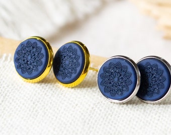 Geometric stud earrings with Boho pattern - dark blue - mandala - cabochon
