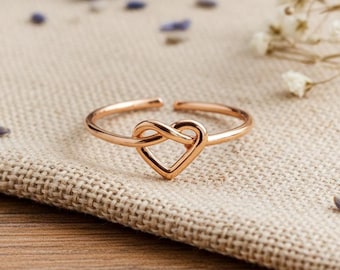 Anillo de corazón ajustable para San Valentín - Amor - Acero inoxidable - Regalo para mujer Anillo de nudo para el Día de la Madre