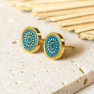 Stud Earrings - Petrol Mandala Bohemian Stud Earrings Gold - Stainless Steel