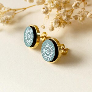 Wood Pattern Cabochon Stud Earrings - Boho - Stainless Steel Setting