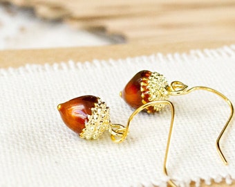 Acorn Nut Earrings - Gold Tone - Nut - Autumn