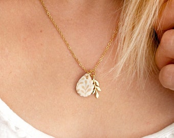 Leaf - floral drop necklace - cream black gold branch