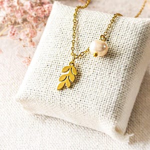 Branch necklace with pearl - gold-colored / silver-colored - necklace - branch leaves leaf