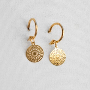 Filigree hoop earrings with mandala pendants light earrings boho discs image 5