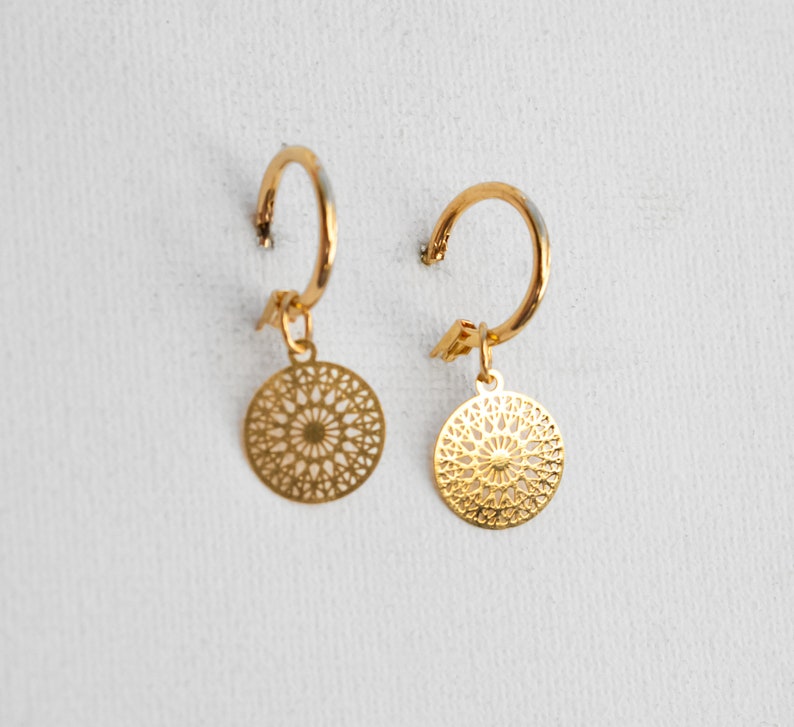 Filigree hoop earrings with mandala pendants light earrings boho discs image 5