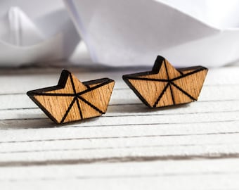 Paper boat earrings wood - ship - boat - laser - wood