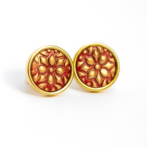 Stud Earrings - Mandala Bohemian Stud Earrings Gold Red Pastel - Stainless Steel