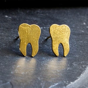 Tooth Stud Earrings Gold Tone image 2