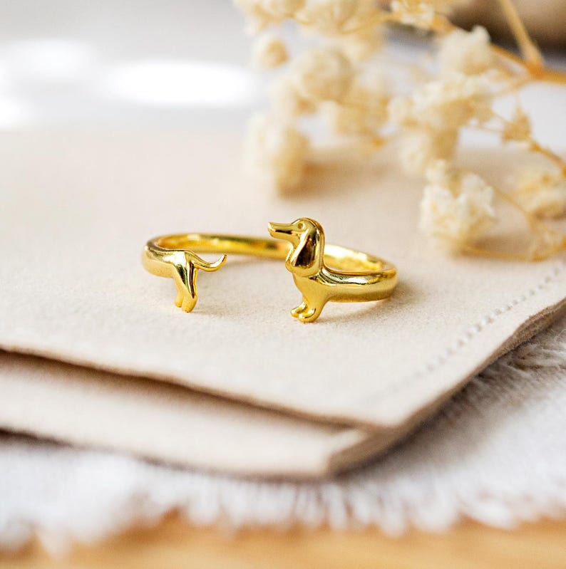 Verstellbarer Dackel Ring aus 925 Sterling Silber in Gold