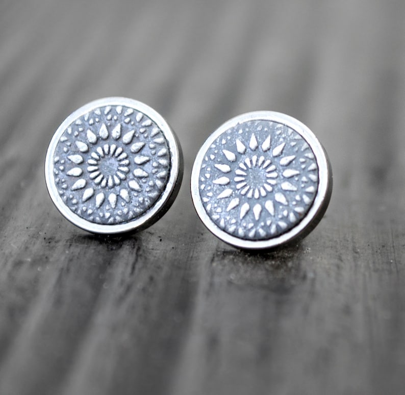 SET necklace and stud earrings-Mandala Bohemian stud earrings silver grey stainless steel